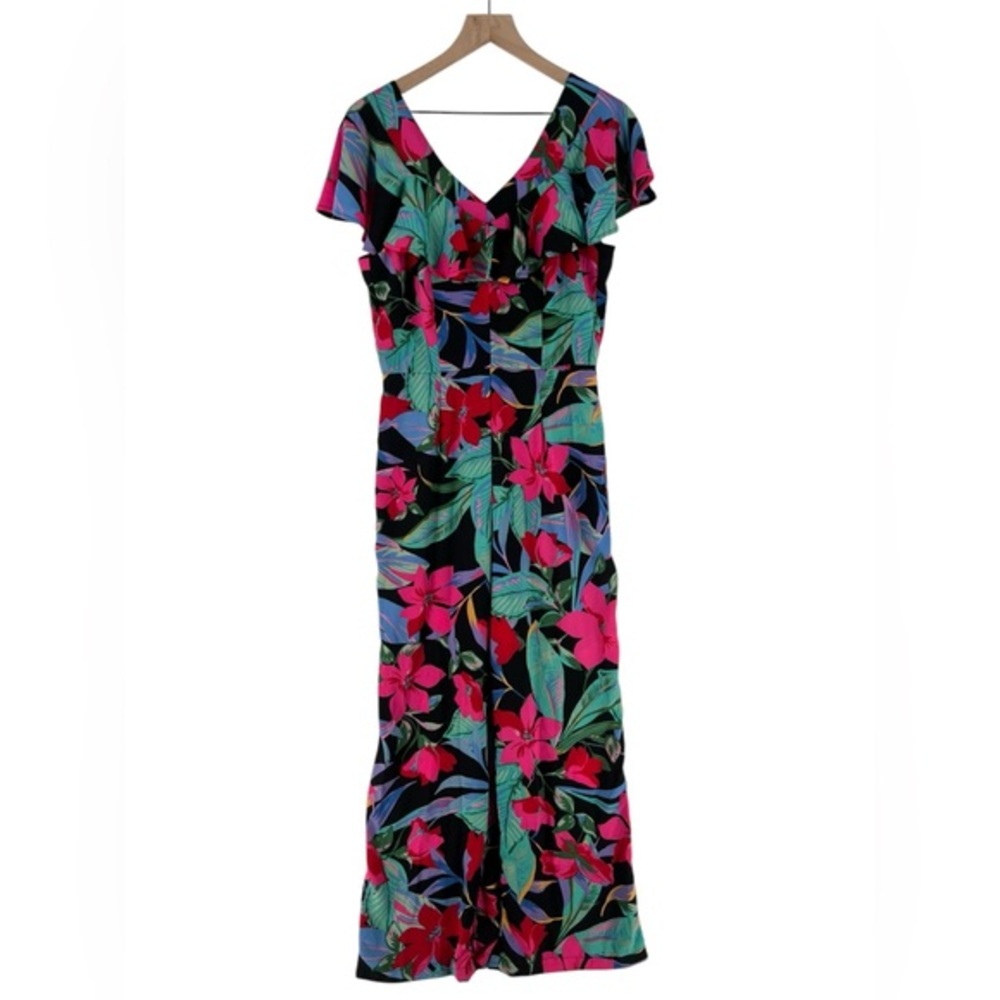 Cupio Tropical Floral Print Chiffon Ruffle Flutter Sleeve V Neck Jumpsuit